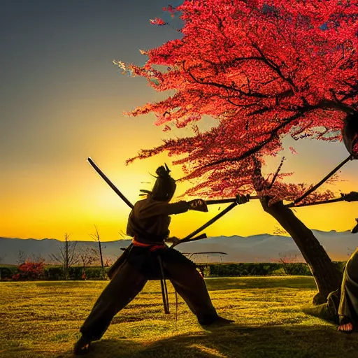 Prompt: samurai duel, both samurai have katana drawn, in a fighting pose, sunset in the background, cherry trees blossoming and Japanese maple trees, autumn, professional photograph