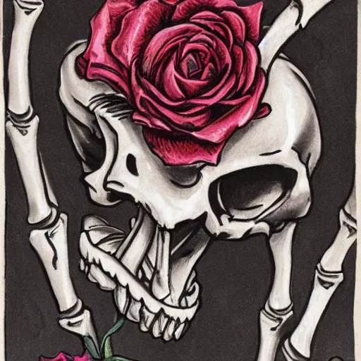 Image similar to a skeleton biting a rose, sinister, detailed