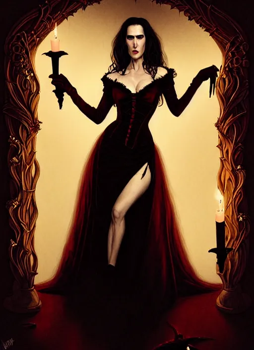 Image similar to jennifer connelly vampire queen, sharp fangs, blood, full body, intricate victorian dress, digital art, middle shot, cinematic lighting, studio quality, symmetrical eyes, artgerm, joshua middleton, rafael albuquerque, moody lighting, candles, art style by klimt, nixeu and ian sprigger and wlop and krenz cushart