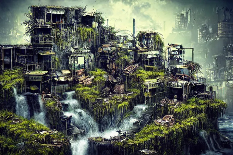 Image similar to gothic waterfall favela honeybee hive, brutalist environment, industrial factory, apocalyptic, somber, award winning art, epic dreamlike fantasy landscape, ultra realistic,