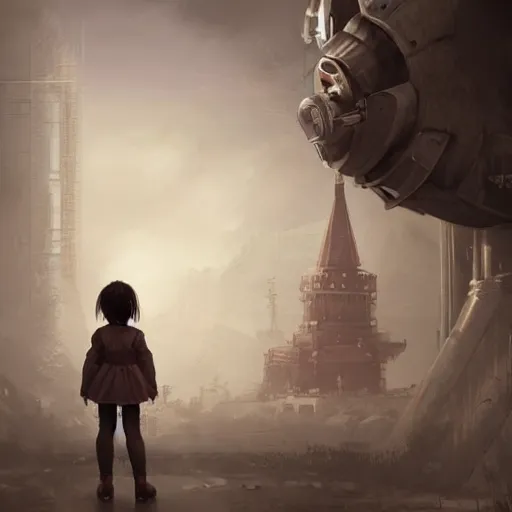 Prompt: a huge little girl drawn by yoshitomo nara, she is in fallout moscow concept art, 8 k photorealistic, hd, high details, trending on artstation inspired by beeple and yoshitomo nara. reimagined by industrial light and magic, behance hd, movie still. featured on cg society.