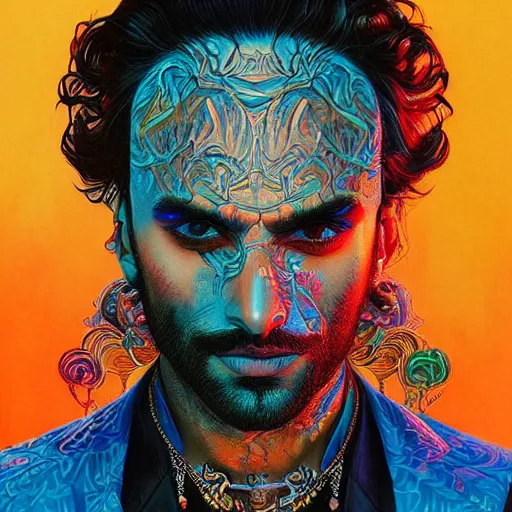 Image similar to portrait of ranveer singh, hyper detailed masterpiece, neon floral pattern, jean giraud, digital art painting, darkwave goth aesthetic, psychedelic, artgerm, donato giancola and tom bagshaw