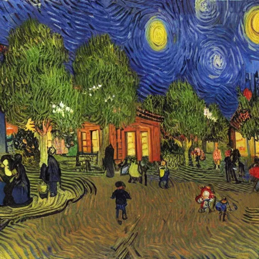 Image similar to highly detailed beautiful happy park, with childrens, by Van Gogh