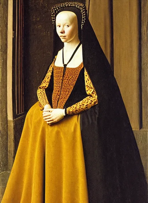 Prompt: young woman in medieval dress, art by jan van eyck,