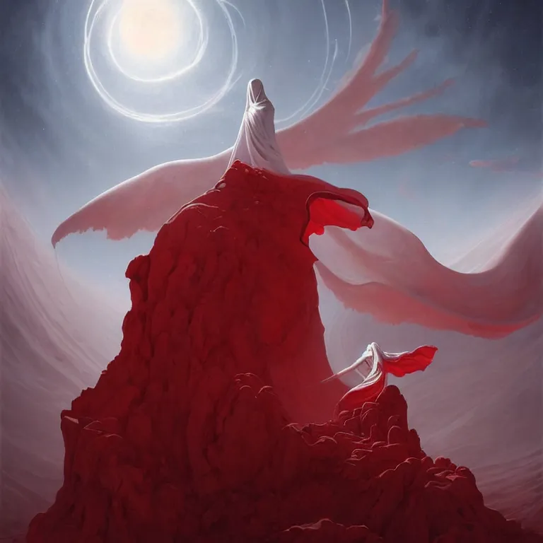 Image similar to one lone singular swirling otherworldly angel shrouded in red robes emerges from extensive barren white dunescape, matte painting by peter mohrbacher and filip hodas, background basilica! sacrecoeur!, godrays, high contrast, highly detailed, a