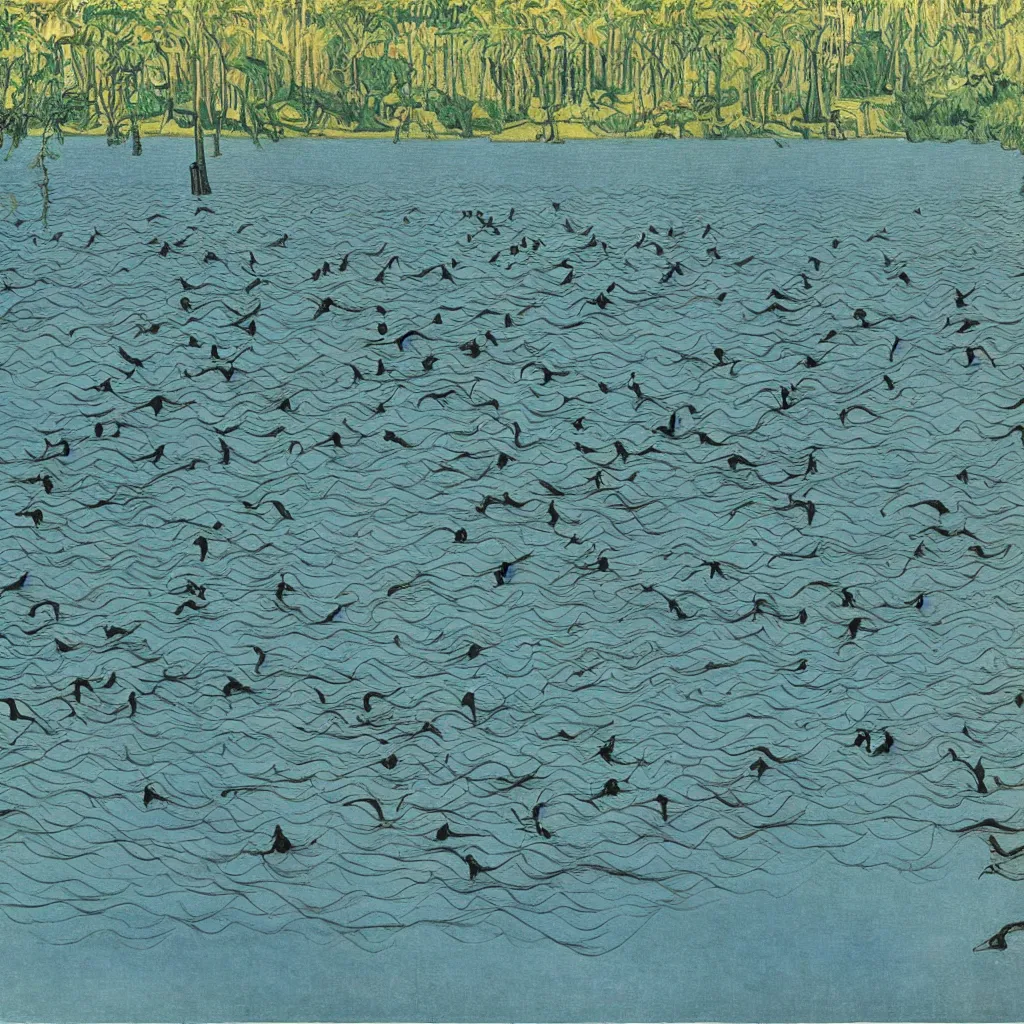 Prompt: blackswans in a lake, lake is super blue, sky is visible, lake surrounded by forest, by collaboration of M. C. Escher and Salvador Dali and Van Gogh