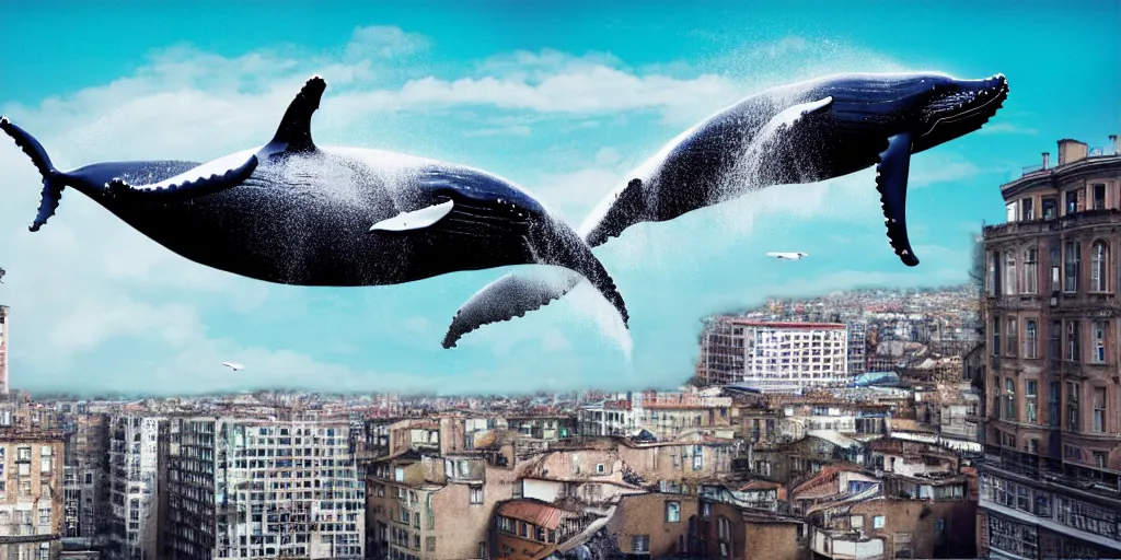 Image similar to photography collage of whale flying over a building, wearing fashion clothing, id magazine, hyperrealism, detailed textures, photorealistic, 3 d city, ultra realistic,