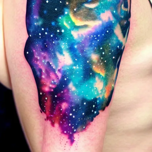 Image similar to A galaxy wolf shaped nebula watercolor tattoo, highly detailed,