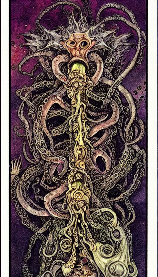 Image similar to lovecraftian cultist tarot card yoshitaka amano jean giraud rococo