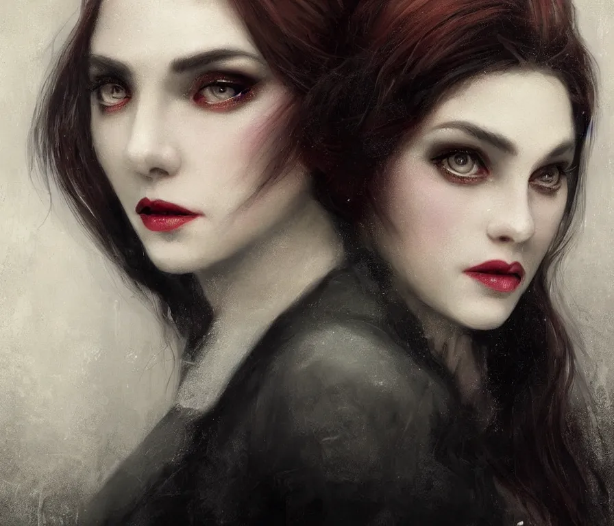 Image similar to a photorealistically painted portrait of lady vampire!!!!, dressed in a suit, perfect face!!!, beautiful eyes!!, digital painting, concept art, minimal artifacts, volumetric lighting, Artgerm and William-Adolphe Bouguerea, in the style of Tom Bagshaw, cinematic!!, stunning!, trending on Artstation!, award winning art!!!