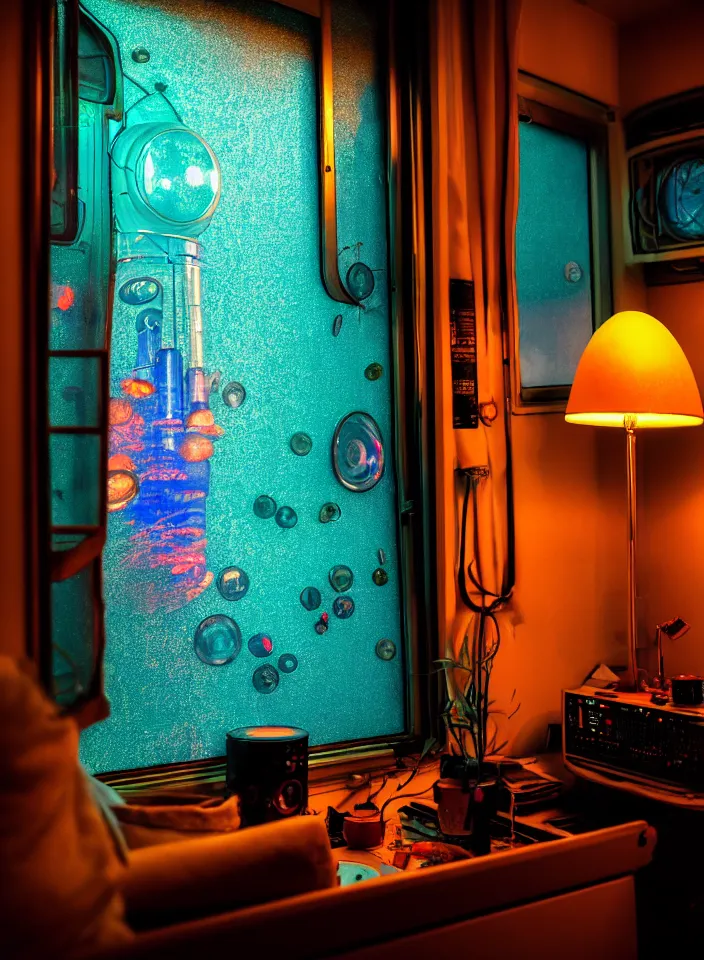 Image similar to telephoto 7 0 mm f / 2. 8 iso 2 0 0 photograph depicting the feeling of chrysalism in a cosy cluttered french sci - fi ( ( art nouveau ) ) cyberpunk apartment in a dreamstate art cinema style. ( ( computer screens, window rain, lava lamp, sink ( ( ( fish tank ) ) ) ) ), ambient light.