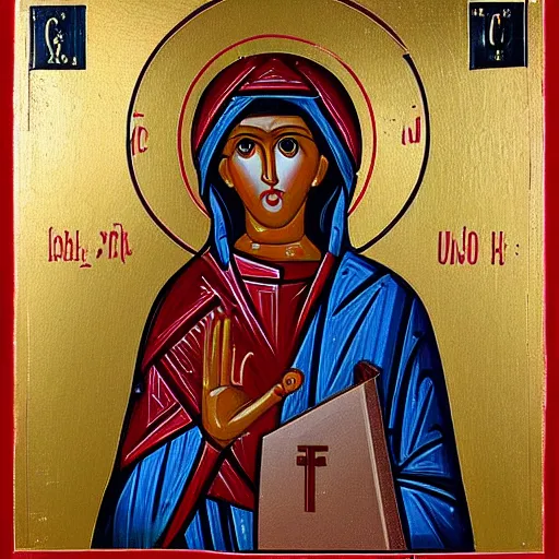 Prompt: an orthodox christian icon of a girl saint with a computer!