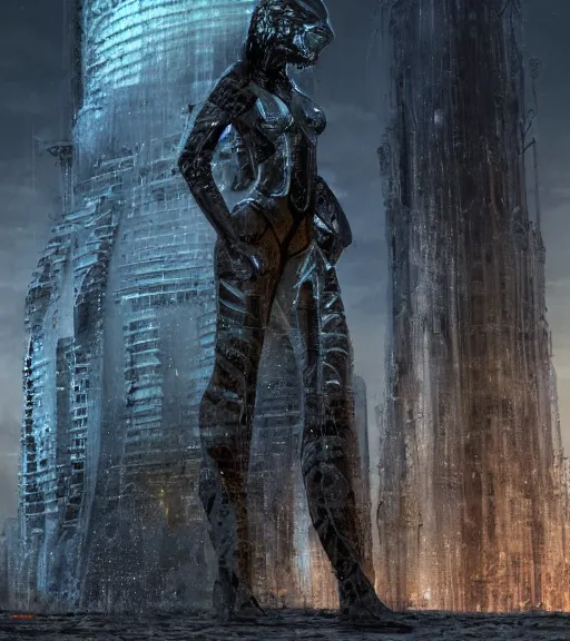 Image similar to tarkovsky greatest scene, the falling apart ancient destroyed majestic tower of babylon, a woman in futuristic cyber clothing, transparent puffer jacket, hyper realistic, cyber blockchain, cyber world, ambient lighting, concept art, intricate, hyper - detailed, smooth, dynamic volumetric lighting, octane, ray trace, cinematic, high quality, high resolution, 4 k, cgsociety