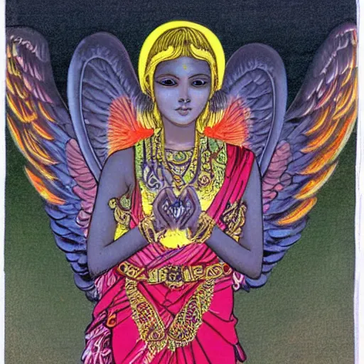 Image similar to Sri lankan girl as a winged angel covered in eyes with glowing halo, iridescent, seraphim, art by Hideyuki Kikuchi,