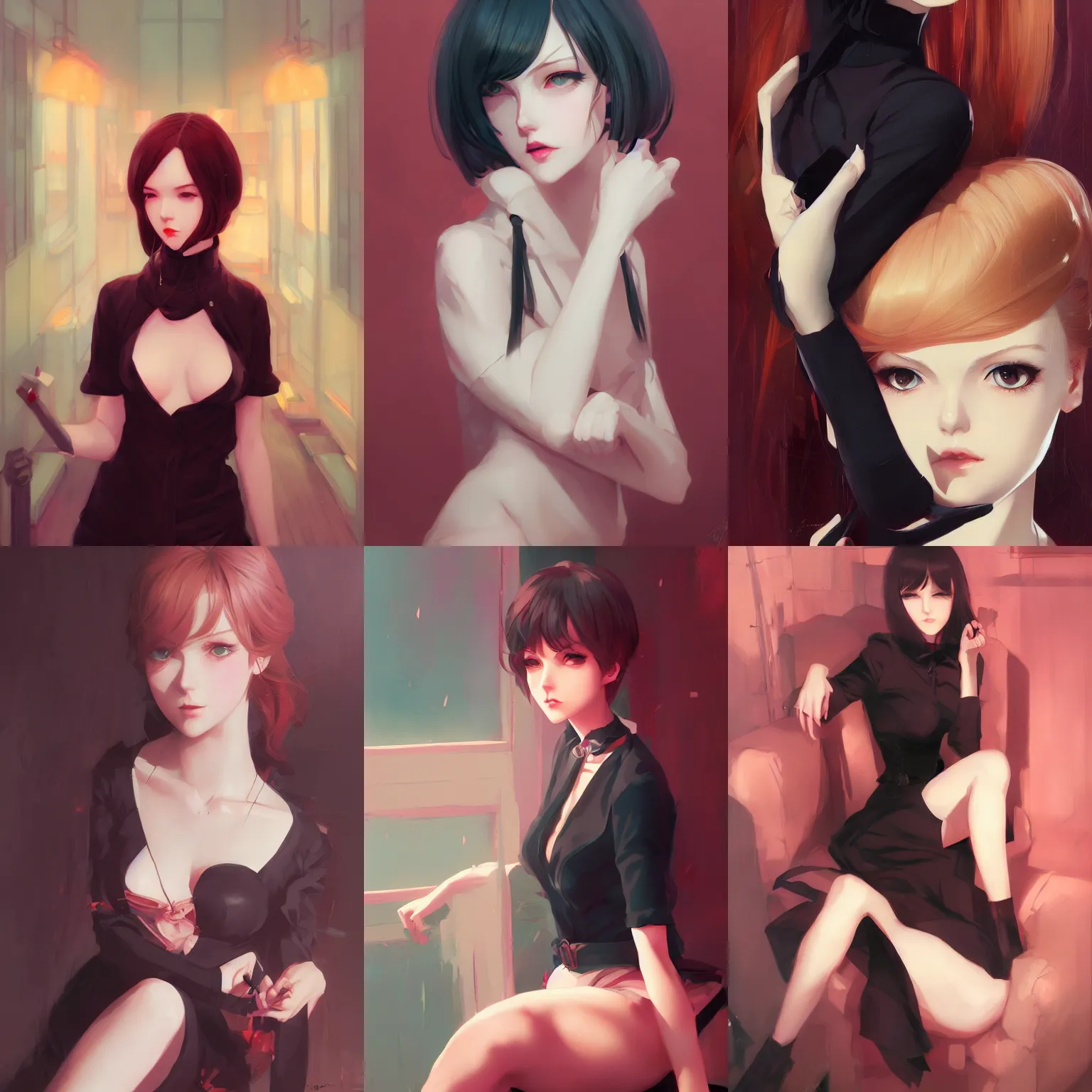 Prompt: a portrait of a cute femme fatale, dark glamorous setting, vivid colors, soft lighting, atmospheric, cinematic, moody, in the style of ilya kuvshinov and range murata, krenz cushart, rule of thirds, oil on canvas, 8 k