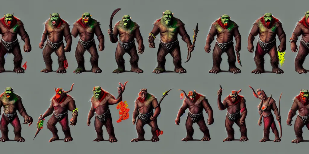 Image similar to different views of orcs, colourful intricate!! concept art by senior character artist, trending on artstation, full body character design