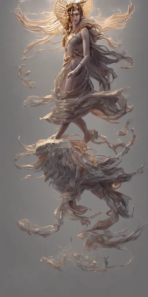 Prompt: goddess athena dancing in the wind, zodiac knight, beautiful, ethereal, gorgeous, volumetric lighting, elegant, fluid, highly detailed, digital painting, concept art, highly detailed, smooth, illustration, limited color palette, atmosphere and tension, trending on artstation