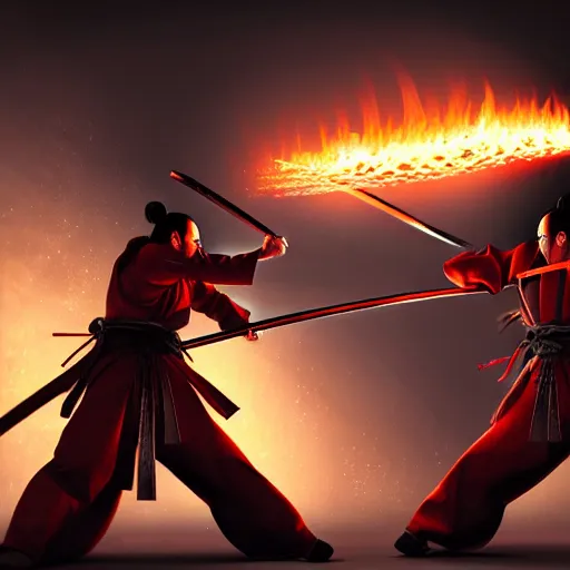 Prompt: Two samurais with flaming swords fighting, 8k, concept art, elegant, cinematic lighting, detailed painting