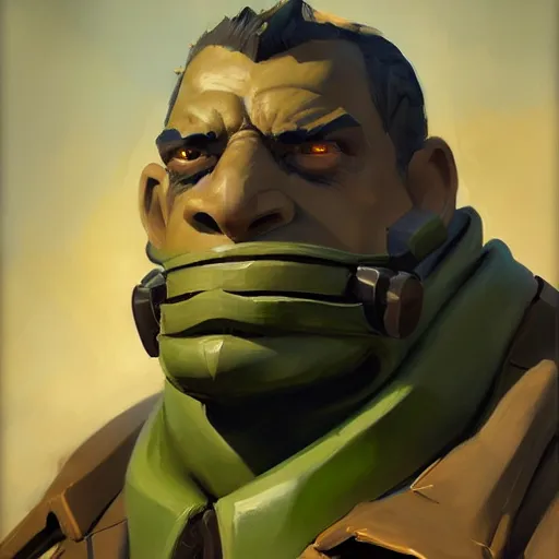 Image similar to greg manchess close - up portrait painting of a handsome older male dieselpunk orc with olive green skin as an overwatch character, medium shot, asymmetrical, profile picture, organic painting, sunny day, matte painting, bold shapes, hard edges, street art, trending on artstation, by huang guangjian and gil elvgren and sachin teng