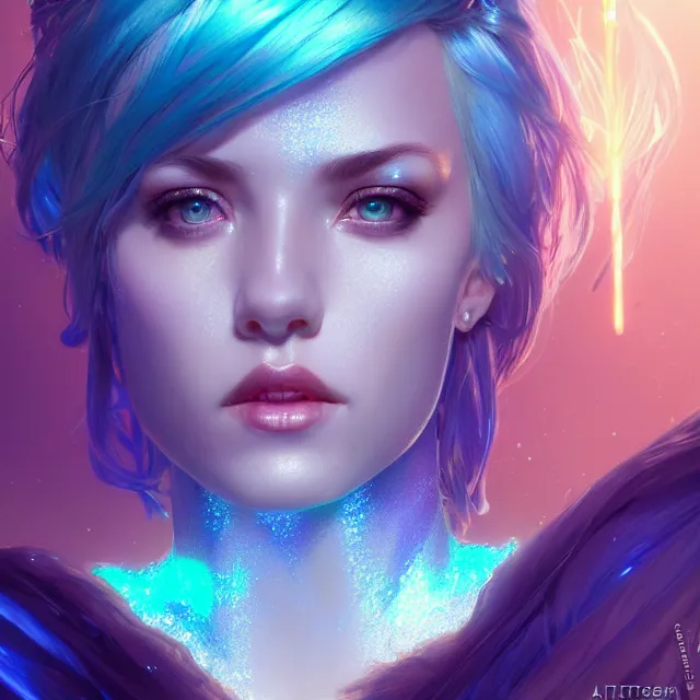 Prompt: close up portrait of beautiful! female, fantasy setting!, shiny glittery skin!!, glowing neon blue hair, raytracing, art by artgerm, greg rutkowski and alphonse mucha, artstation, octane render,