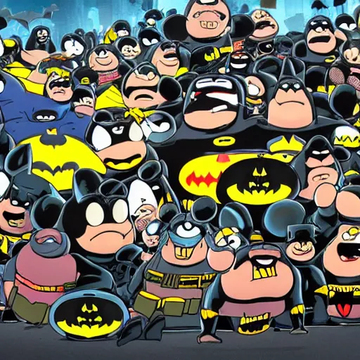 Image similar to batman fighting a large number of minons, 4 k