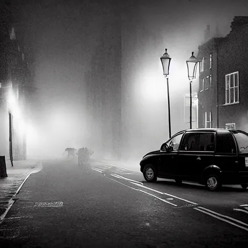 Prompt: on a dark winter's day, when the fog hung so thick and heavy in the streets of London that the lamps were lighted and the shop windows blazed with gas as they do at night, an odd-looking little girl sits inside a black cab with her father and was driven rather slowly through the big thoroughfares , night time, soft lighting, digital art, insane details, 8k