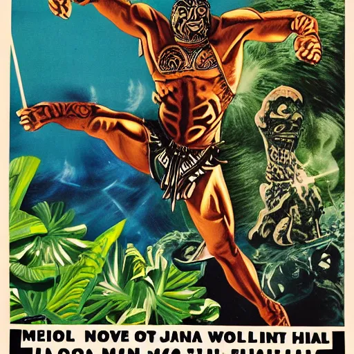 Prompt: 1 9 6 4 science fiction movie poster, mayan jaguar warrior, aquatic plants