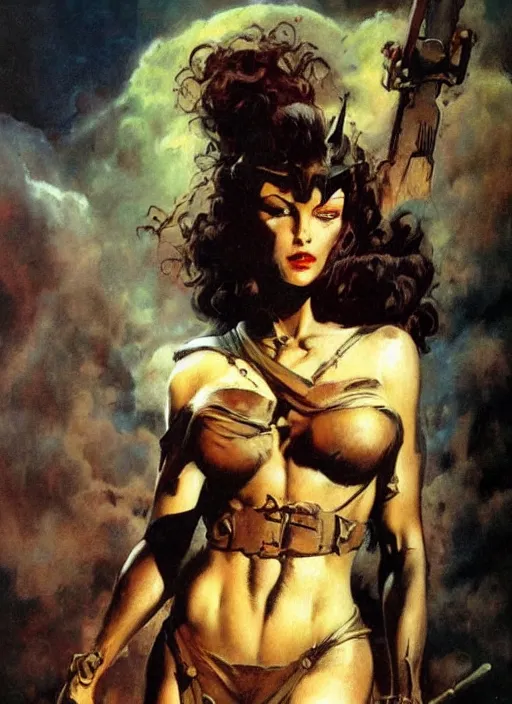 Prompt: portrait of female chaos angel, beautiful! coherent! by frank frazetta, by brom, strong line, deep color, armor, volumetric hair, high contrast