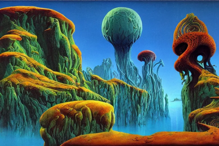 Image similar to lovecraftian landscape, another world by Roger Dean