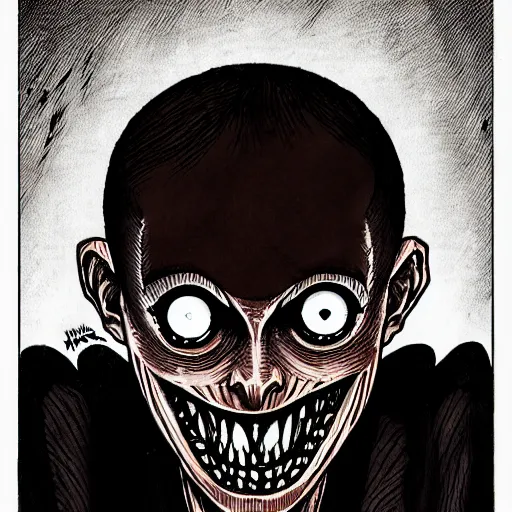 Image similar to a dark brown humanoid, hyper detailed, in the style of junji ito and and junji ito and junji ito, selfie