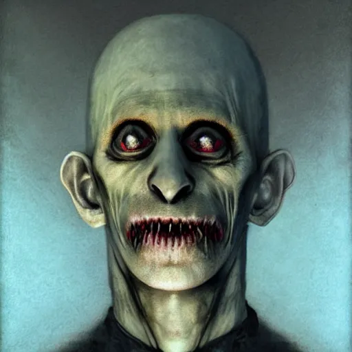 Image similar to portrait of nosferatu the vampire, long fangs, pale blue skin, yellow eyes, photograph, realistic, volumetric light, creepy, scary, grim mouth, dark background, by marco mazzoni and john atkinson grimshaw