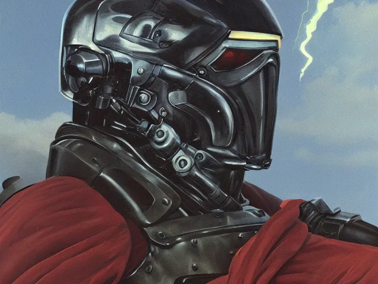 Image similar to a detailed profile portrait painting of a bounty hunter in combat armour and visor gazing into the sky. Smoke. cinematic sci-fi poster. Cloth and metal. Welding, fire, flames, samurai Flight suit, accurate anatomy portrait symmetrical and science fiction theme with lightning, aurora lighting clouds and stars. Clean and minimal design by moebius artwork by caravaggio. Oil painting. Trending on artstation. 8k
