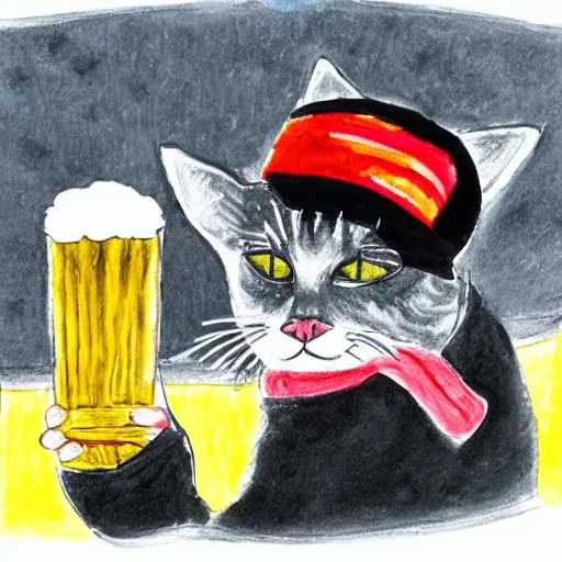 Prompt: a cat wearing a black bucket hat on its head and a scarf around its neck with black and yellow stripes while drinking a beer at an outdoor pub in stockholm, children\'s book drawing watercolor