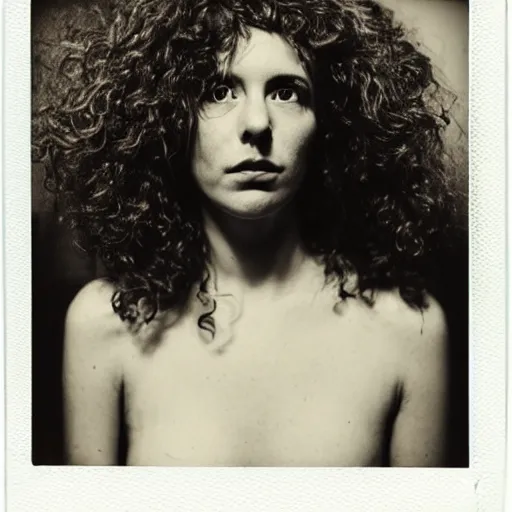 Prompt: polaroid picture, beautiful woman, curly hair, artistic, black and white, eerie, francesca woodman style