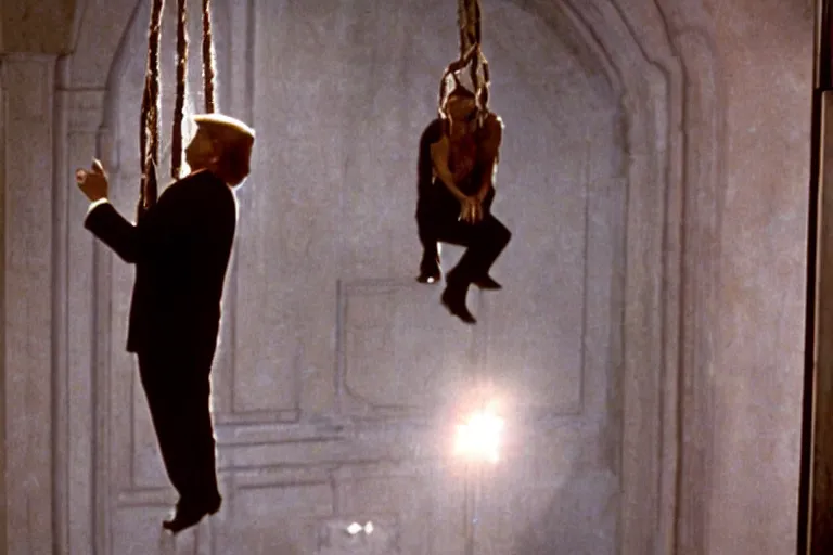 Image similar to movie still of donald trump in mission impossible, hanging from the ceiling, photograph, tv show, cinematic