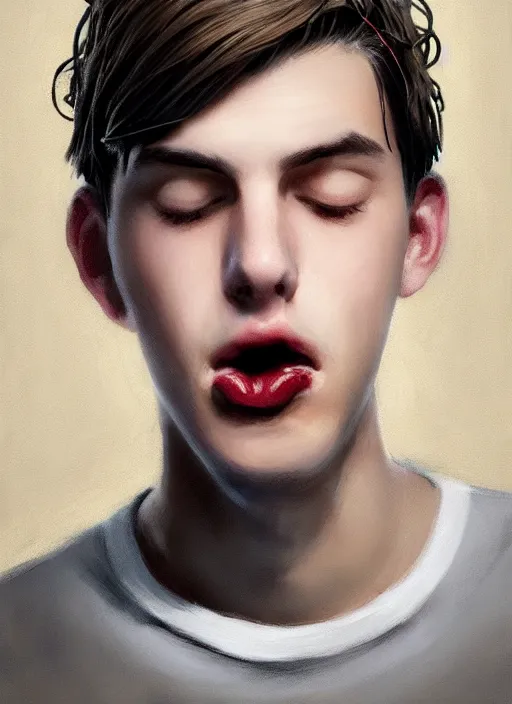 Prompt: portrait of teenage jughead jones wearing a light grey crown, crown, eating hamburger, eyes closed, crown, black hair, intricate, elegant, glowing lights, warm lighting, highly detailed, digital painting, artstation, concept art, smooth, sharp focus, illustration, art by wlop, mars ravelo and greg rutkowski