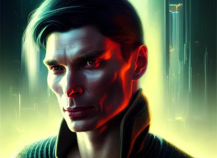 Prompt: portrait shot of cillian murphy in cyberpunk 2 0 7 7, intricate, elegant, highly detailed, centered, digital painting, artstation, concept art, smooth, sharp focus, illustration, artgerm, tomasz alen kopera, peter mohrbacher, donato giancola, joseph christian leyendecker, wlop, boris vallejo