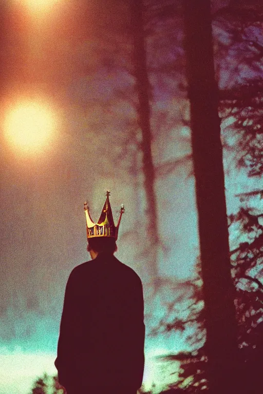 Image similar to agfa vista 4 0 0 photograph of a guy wearing an elaborate tall gothic crown, back view, synth vibe, vaporwave colors, lens flare, moody lighting, moody vibe, telephoto, 9 0 s vibe, blurry background, grain, tranquil, calm, faded!,