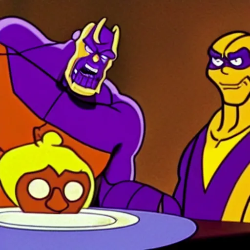 Image similar to film still of thanos eating in scooby - doo ( 1 9 6 9 )