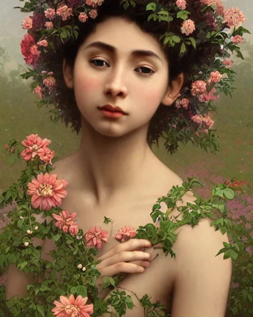 Prompt: 3 / 4 portrait, young male spring god, brown skin, dark hair, dress made of flowers and vines, beautiful, flowers, detailed field background, jewelry, artstation, artgerm, eerie, alphonse mucha, william bouguereau, rossdraws, greg rutkowski, super detailed, illustration, realistic, octane render, sharp focus, cinematic, 8 k