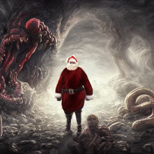 Prompt: Santa engages Armageddon mode, zombie, help, intricate detail, lovecraftian, intense, brutal, digital painting, fine stylization, UHD, 8K