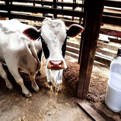 Image similar to dirty bottle of milk and a cow inside slaughterhouse