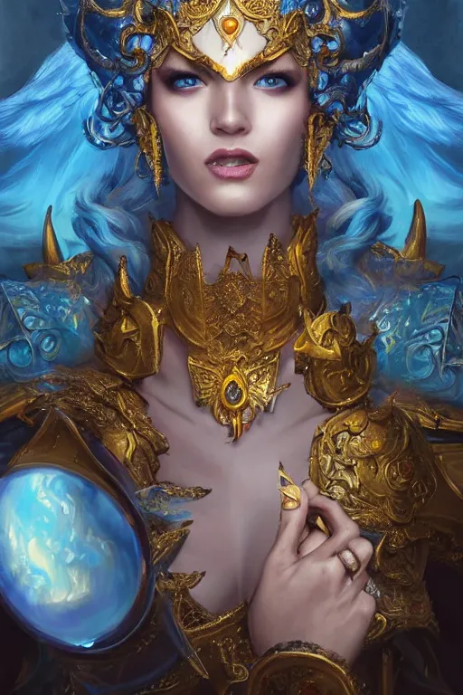 Image similar to beautiful princess with face covered with fire, king sorcerers, ornate, blue and silver, armor, robes, diamonds, angel, fantasy, yellow background beam, dramatic lighting, highly detailed, digital painting, magic the gathering, 3 d render, hyper realistic detailed portrait, peter mohrbacher, wlop, ruan jia