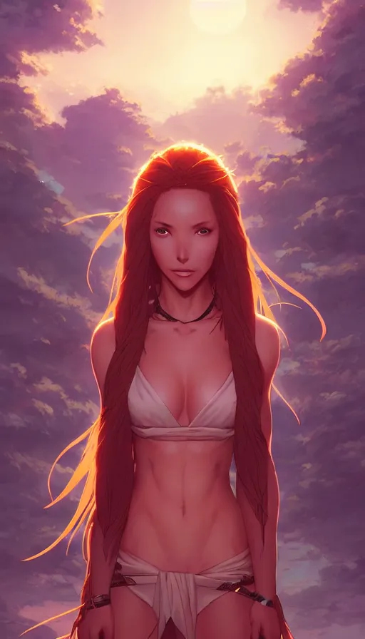 Image similar to long ginger hair, tanned woman in a prehistoric outfit, by artgerm, hair tied in a ponytail, soft lighting, night scene, by greg rutkowski makoto shinkai takashi takeuchi