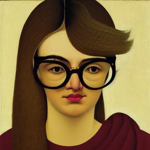 Prompt: portrait of a woman with brown wavy hair and glasses. andrey remnev.