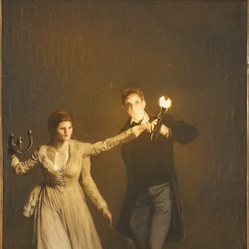 Image similar to young victorian man and woman traversing a dark maze, the man holding a torch, the woman hiding behind him, by alfred stevens