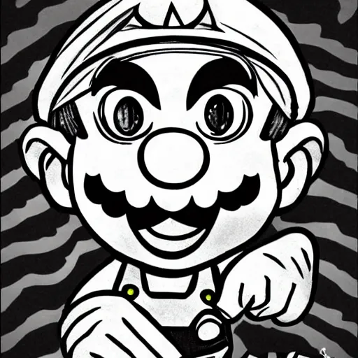 Prompt: Super Mario portrait in the style of Junji Ito. Manga. Black & White. Gothic. Horror. Exquisitely detailed. 4K.