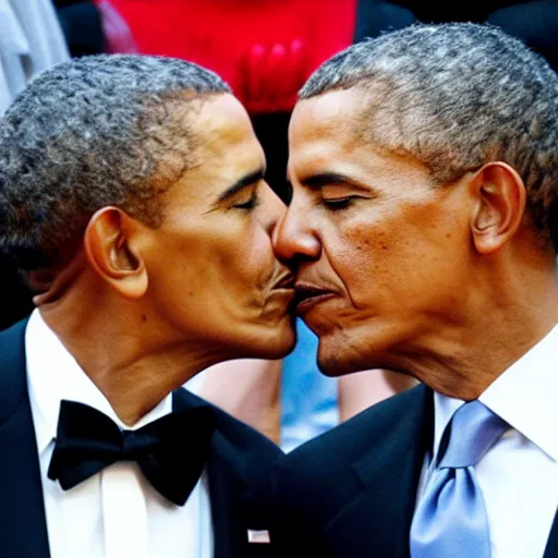 Prompt: Kermit and Obama kissing, Michelle Obama is in the background horrified