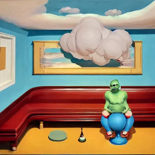 Image similar to spherical people with clouds at red green art deco living room, open ceiling, highly detailed, painted by Francis Bacon and Edward Hopper, painted by James Gilleard, surrealism, airbrush, art by JamesJean