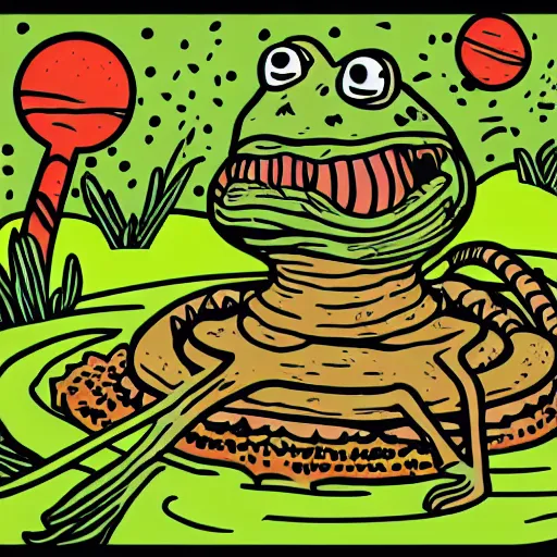 Prompt: Pop-Wonder-NFT alien-meat swamp-bog monster-frog wading through the goopy-muck and slithering about the castle side delights on a melted cheesy day in a hand-drawn vector, svg, cult-classic-comic-style